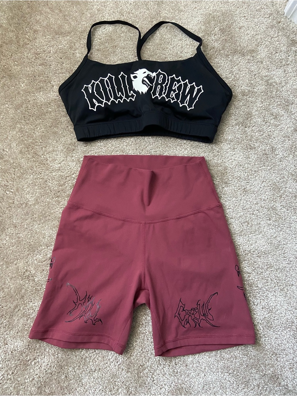 Kill Crew Black Logo Sports Bra & Wine Red Biker Shorts Set